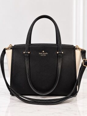 Kate Spade Patterson Driver Satchel Tote Bag Black/White Leather Large EUC